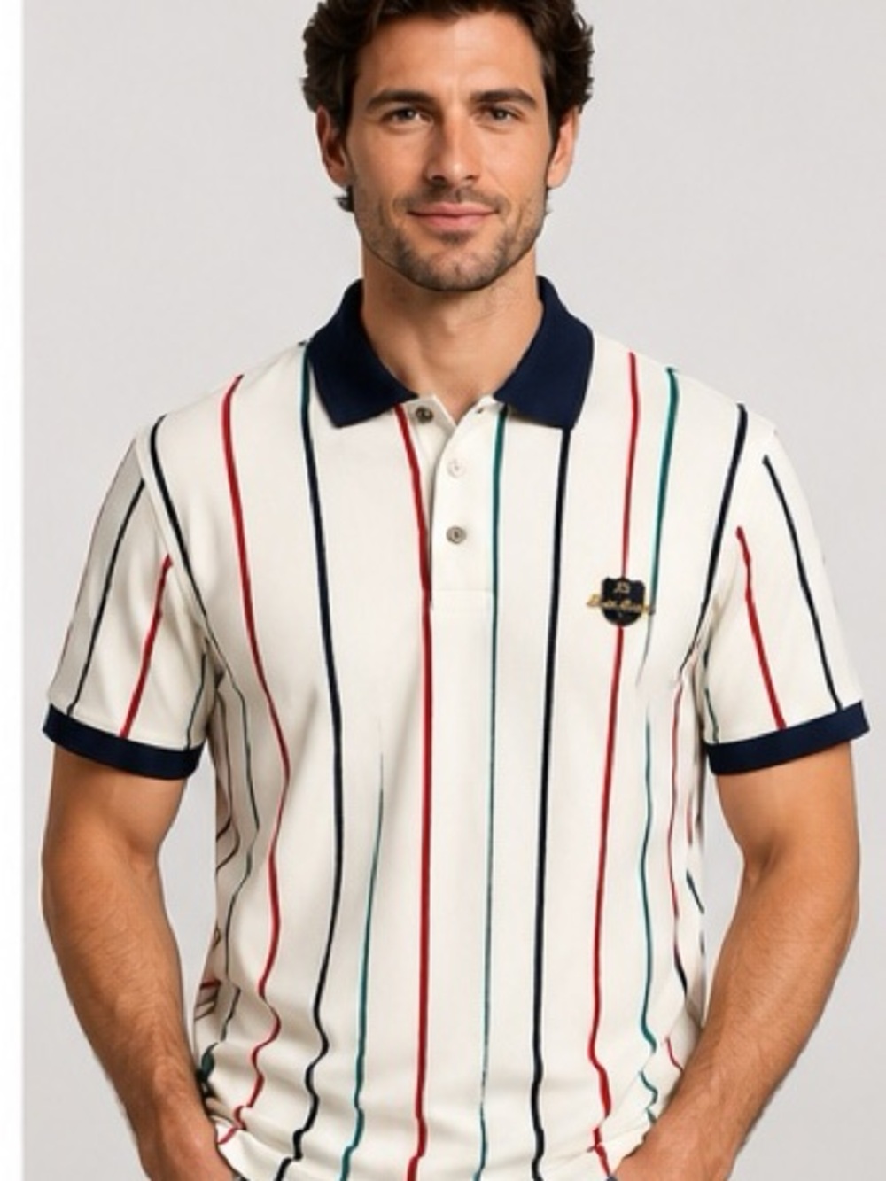 Vintage Eddie Bauer White Polo with Navy Collar and Red, Teal, and Black Stripes - Picture 2 of 8